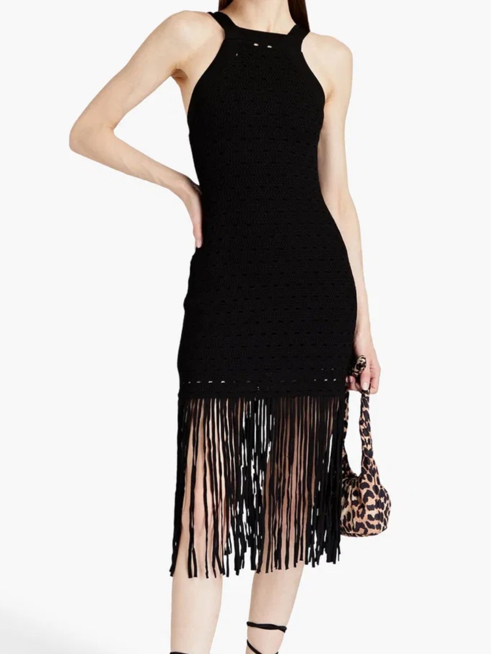 Sandro Black Crochet Halter Midi Dress with Fringe